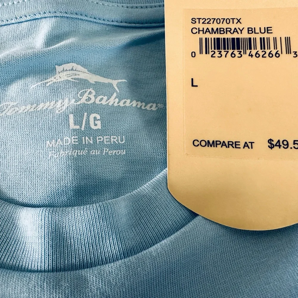 Tommy Bahama men’s LIVE THE ISLAND LIFE Chambray Blue T-shirt Size L - Picture 3 of 4